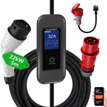 Immax - EV matkalatauspiste sähköautoille AC Type 2 32A/380V 22kW + pistoke 230V 5m Wi-Fi Tuya