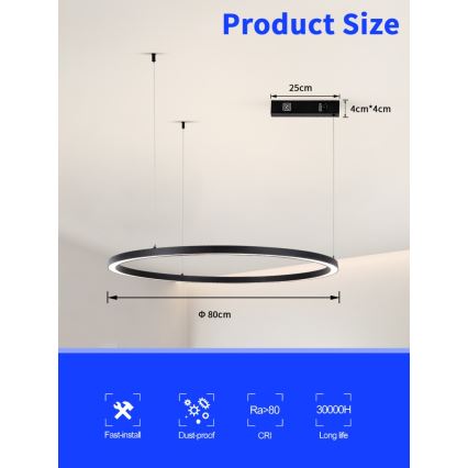 Immax NEO 07215L - Himmennettävä LED-kattokruunu johdossa FINO LED/60W/230V 80 cm musta Tuya + kauko-ohjaus