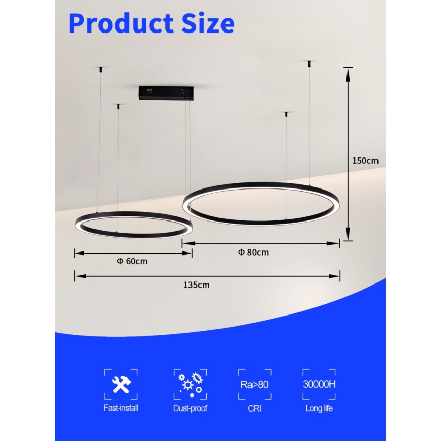 Immax NEO 07216L - Himmennettävä LED-kattokruunu johdossa FINO LED/93W/230V 60/80cm musta Tuya + kauko-ohjaus