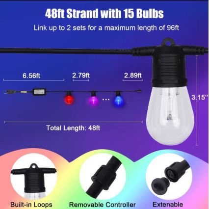 LED RGB+CCT Himmennettävä ulko ketju SEPPELE 15xLED/1W/230V 15m Wi-Fi Tuya IP65 + kauko-ohjaus