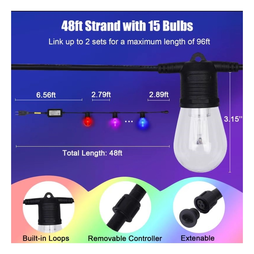 LED RGB+CCT Himmennettävä ulko ketju SEPPELE 15xLED/1W/230V 15m Wi-Fi Tuya IP65 + kauko-ohjaus