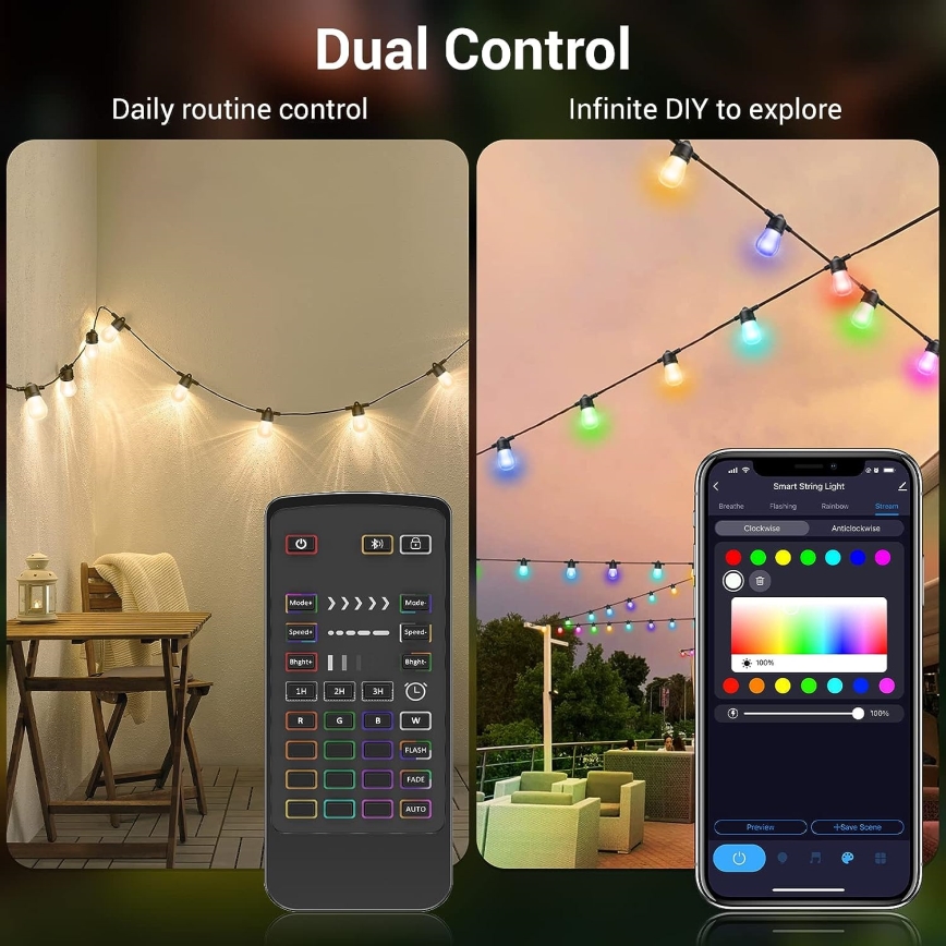 LED RGB+CCT Himmennettävä ulko ketju SEPPELE 15xLED/1W/230V 15m Wi-Fi Tuya IP65 + kauko-ohjaus