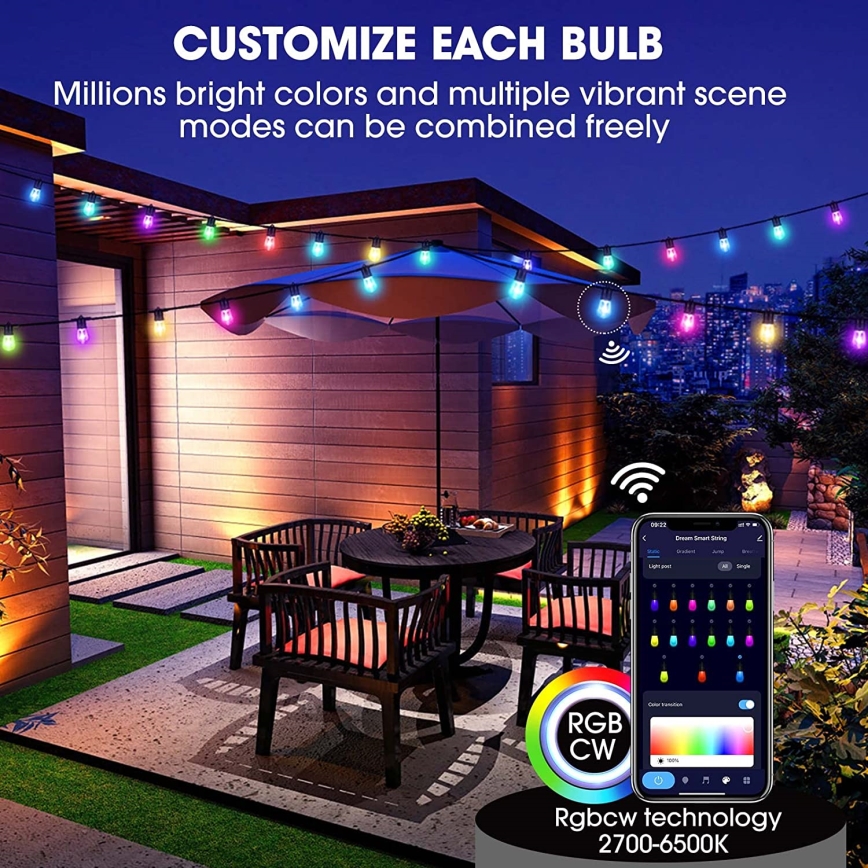 LED RGB+CCT Himmennettävä ulko ketju SEPPELE 15xLED/1W/230V 15m Wi-Fi Tuya IP65 + kauko-ohjaus