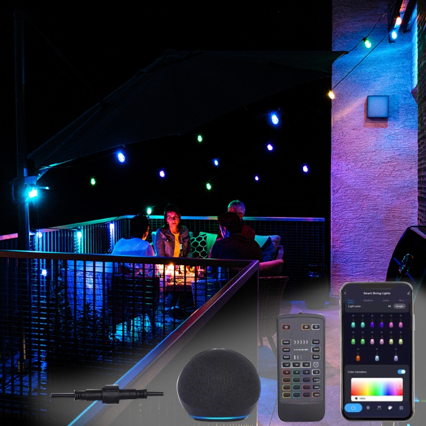 LED RGB+CCT Himmennettävä ulko ketju SEPPELE 15xLED/1W/230V 15m Wi-Fi Tuya IP65 + kauko-ohjaus