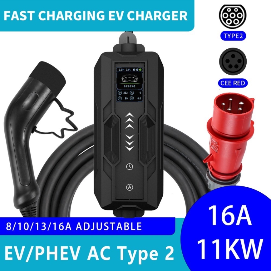 Immax - EV matkalatauspiste sähköautoille AC Type 2 16A/380V 11kW + pistoke 230V, 3,7kW 5m + kotelo