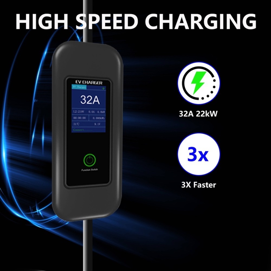 Immax - EV matkalatauspiste sähköautoille AC Type 2 32A/380V 22kW + pistoke 230V 5m Wi-Fi Tuya