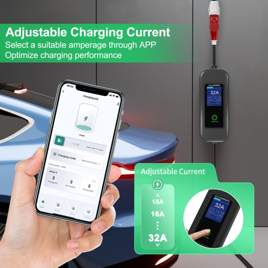 Immax - EV matkalatauspiste sähköautoille AC Type 2 32A/380V 22kW + pistoke 230V 5m Wi-Fi Tuya