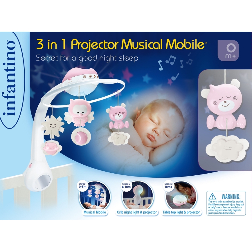 Infantino - Matkapuhelin sänkyyn melodialla 3in1 3xAAA pinkki