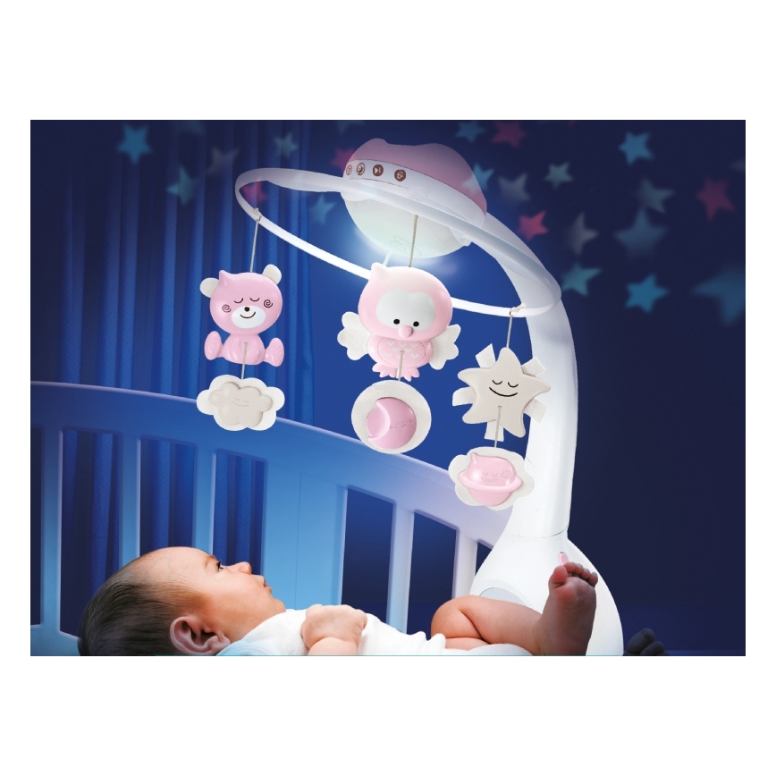Infantino - Pinnasängyn mobiili melodialle ja projektori 3in1 3xAAA vaaleanpunainen