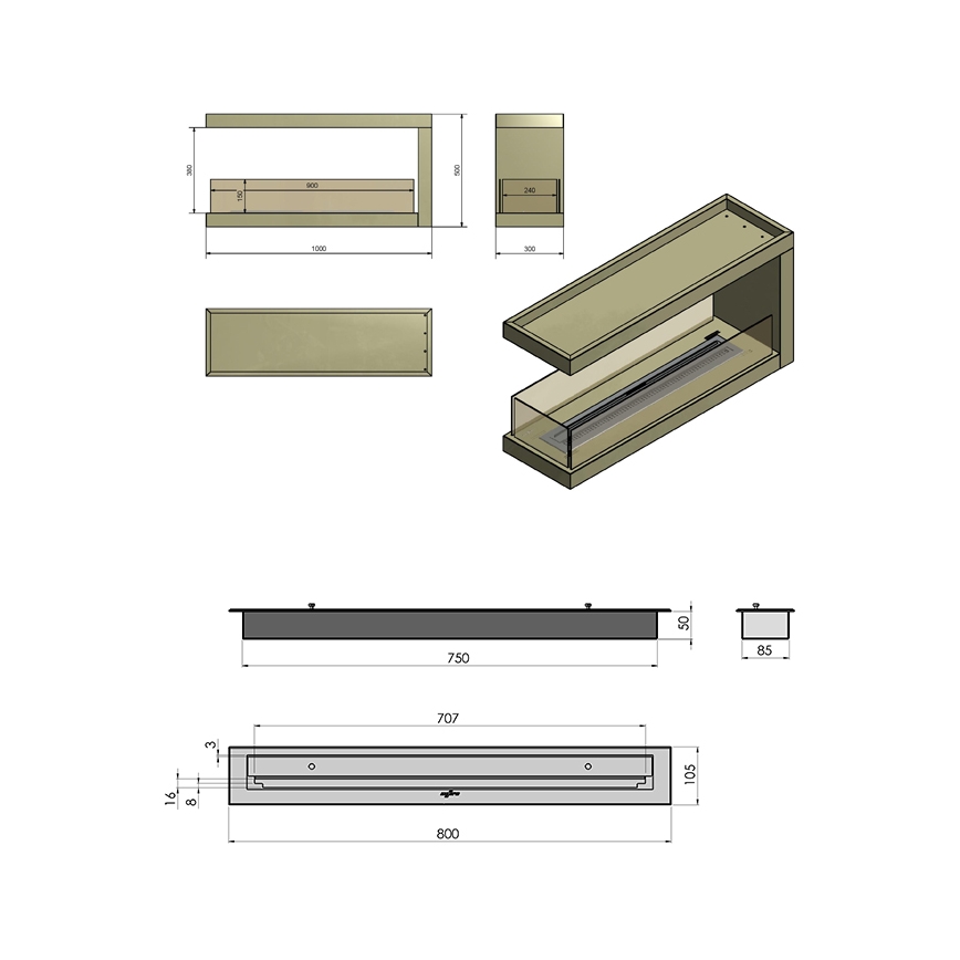 InFire - Kulma BIO takka 100x50 cm 3kW kaksipuolinen