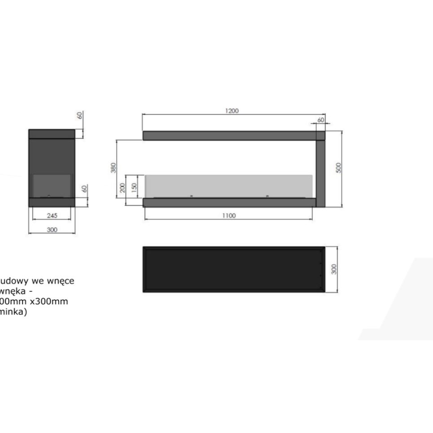 InFire - Kulma BIO takka 120x50 cm 3kW molemminpuolinen