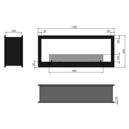 InFire - Sisäänrakennettu BIO takka 120x50 cm 3kW kaksipuolinen