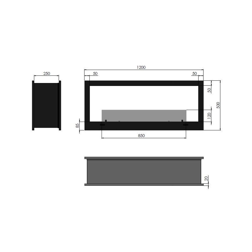 InFire - Sisäänrakennettu BIO takka 120x50 cm 3kW kaksipuolinen