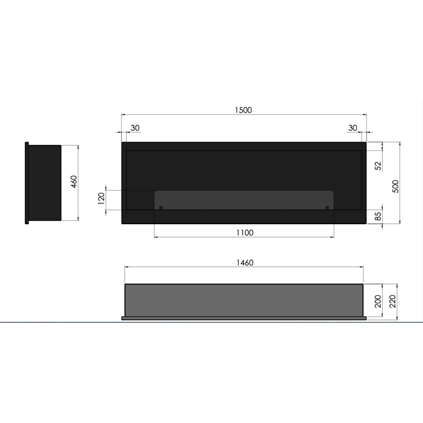 InFire - Sisäänrakennettu BIO takka 150x50 cm 4,2kW musta