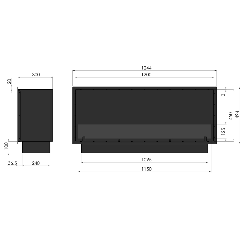 InFire - Sisäänrakennettu BIO takka 49,4x124,4 cm 6kW musta