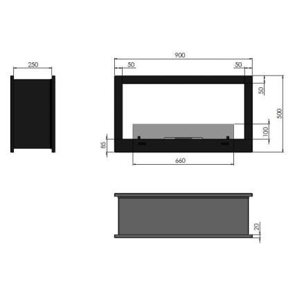 InFire - Sisäänrakennettu BIO takka 90x50 cm 3kW kaksipuolinen