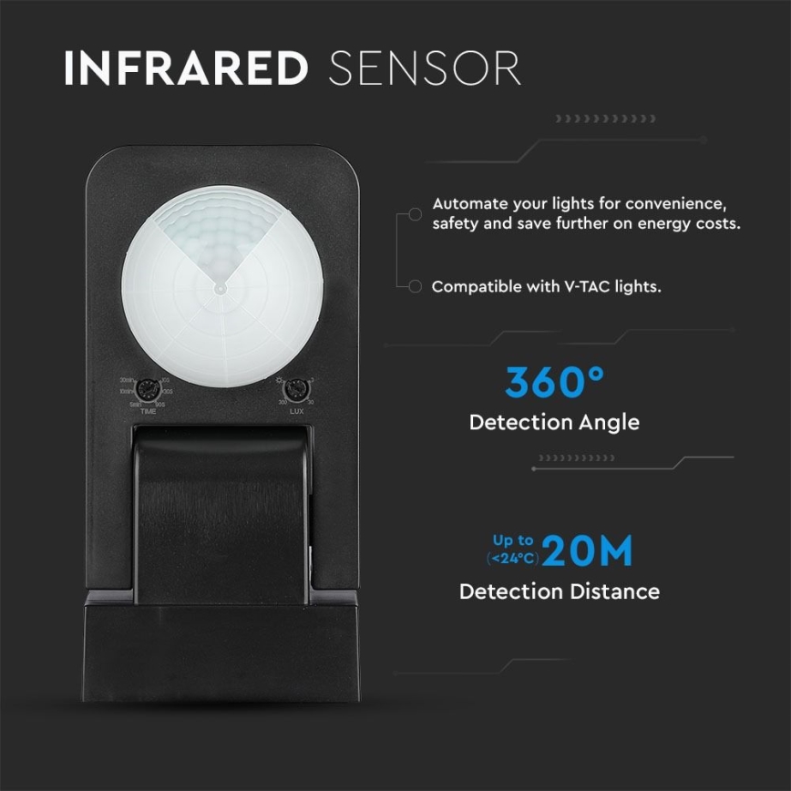 Infrapuna-ulkoliiketunnistin 360° 1000W/230V IP65 musta