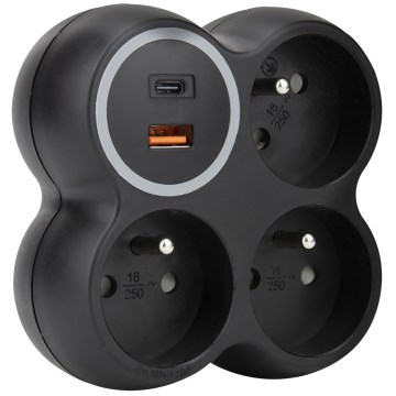 Jakorasia 3 x 15 A, USB A+C, musta