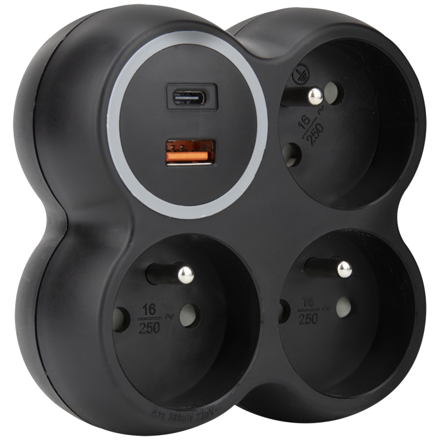 Jakorasia 3 x 15 A, USB A+C, musta