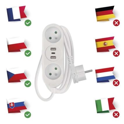 Jatkojohto 2 pistorasiaa + 2x USB-A + USB-C 1,4 m