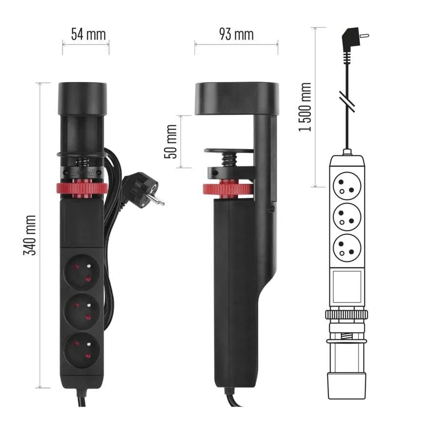 Jatkojohto kanssa attachment to pöytä 3Z + 3xUSB 1,5m musta