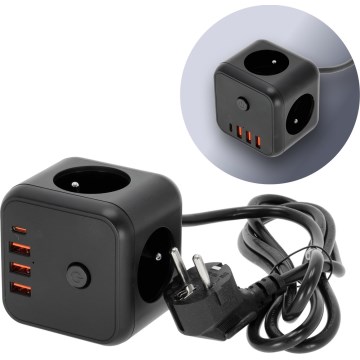 Jatkojohto kuutio kytkimellä LINEA 3x230V + 4xUSB A/C musta