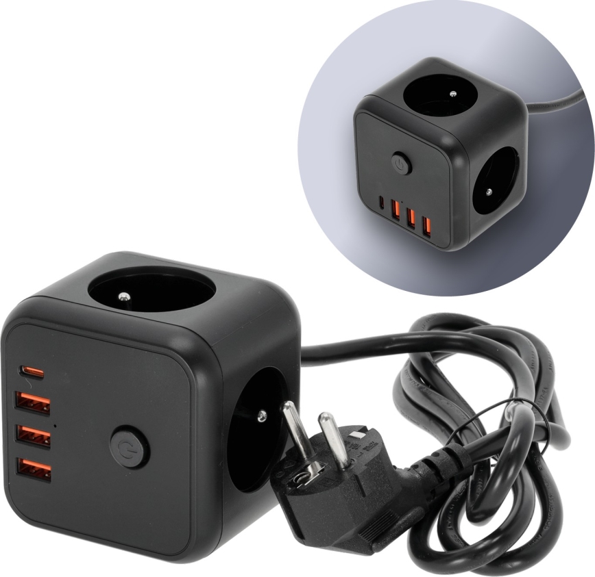 Jatkojohto kuutio kytkimellä LINEA 3x230V + 4xUSB A/C musta