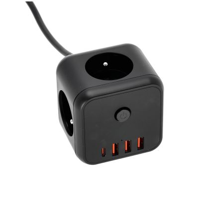 Jatkojohto kuutio kytkimellä LINEA 3x230V + 4xUSB A/C musta