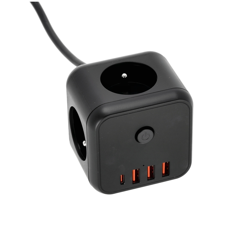Jatkojohto kuutio kytkimellä LINEA 3x230V + 4xUSB A/C musta