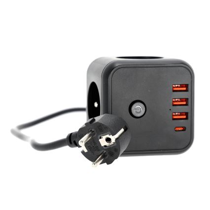 Jatkojohto kuutio kytkimellä LINEA 3x230V + 4xUSB A/C musta