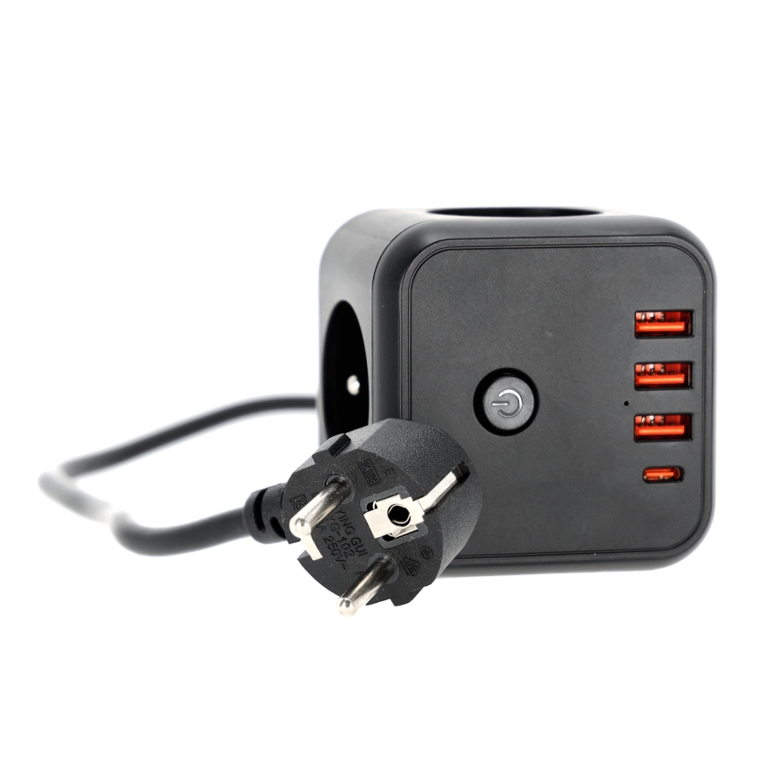 Jatkojohto kuutio kytkimellä LINEA 3x230V + 4xUSB A/C musta