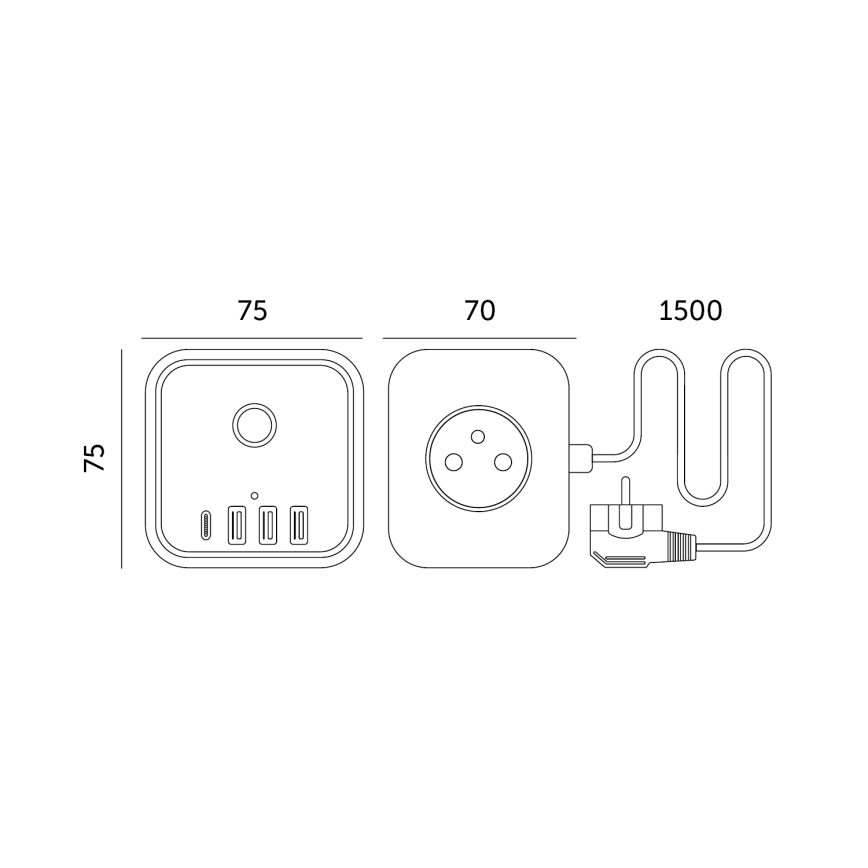 Jatkojohto kuutio kytkimellä LINEA 3x230V + 4xUSB A/C musta