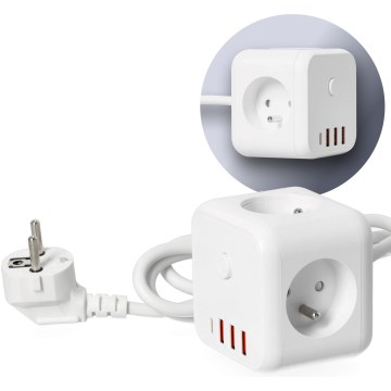 Jatkojohto kuutio kytkimellä LINEA 3x230V + 4xUSB A/C valkoinen