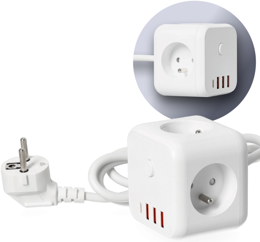 Jatkojohto kuutio kytkimellä LINEA 3x230V + 4xUSB A/C valkoinen