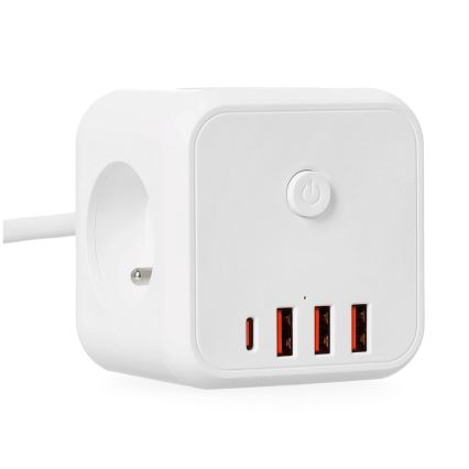 Jatkojohto kuutio kytkimellä LINEA 3x230V + 4xUSB A/C valkoinen