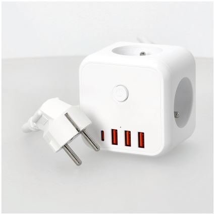 Jatkojohto kuutio kytkimellä LINEA 3x230V + 4xUSB A/C valkoinen