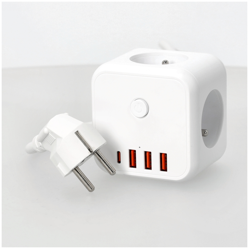 Jatkojohto kuutio kytkimellä LINEA 3x230V + 4xUSB A/C valkoinen