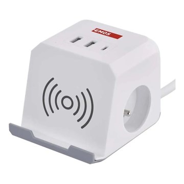 Jatkojohto kuutio langattomalla latauksella QI 2Z +2xUSB-A+1xUSB-C 2m valkoinen
