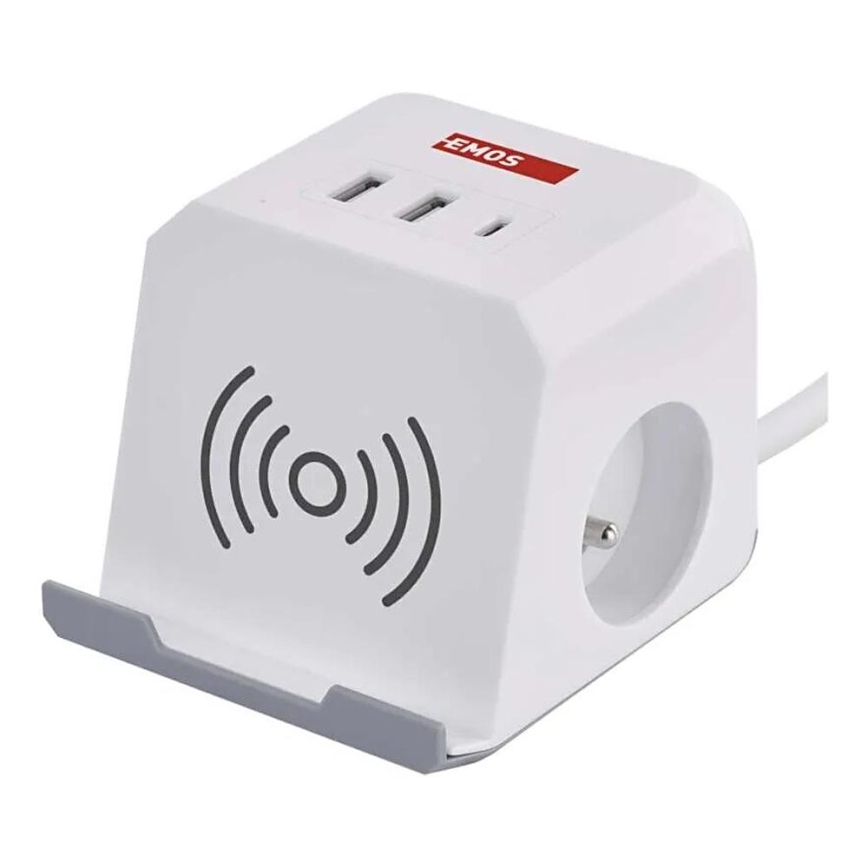 Jatkojohto kuutio langattomalla latauksella QI 2Z +2xUSB-A+1xUSB-C 2m valkoinen