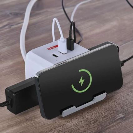 Jatkojohto kuutio langattomalla latauksella QI 2Z +2xUSB-A+1xUSB-C 2m valkoinen