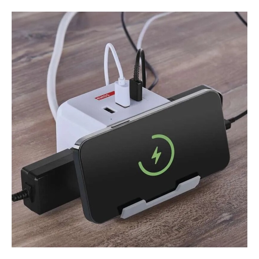 Jatkojohto kuutio langattomalla latauksella QI 2Z +2xUSB-A+1xUSB-C 2m valkoinen