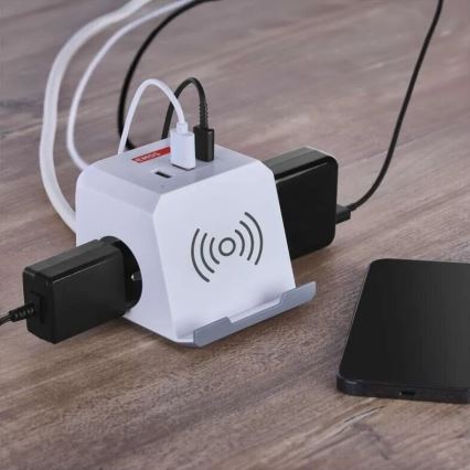 Jatkojohto kuutio langattomalla latauksella QI 2Z +2xUSB-A+1xUSB-C 2m valkoinen