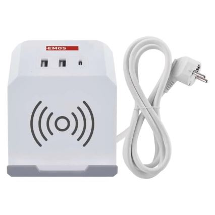 Jatkojohto kuutio langattomalla latauksella QI 2Z +2xUSB-A+1xUSB-C 2m valkoinen