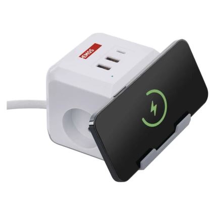 Jatkojohto kuutio langattomalla latauksella QI 2Z +2xUSB-A+1xUSB-C 2m valkoinen