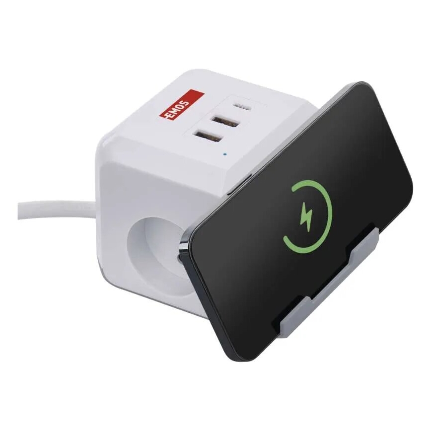 Jatkojohto kuutio langattomalla latauksella QI 2Z +2xUSB-A+1xUSB-C 2m valkoinen
