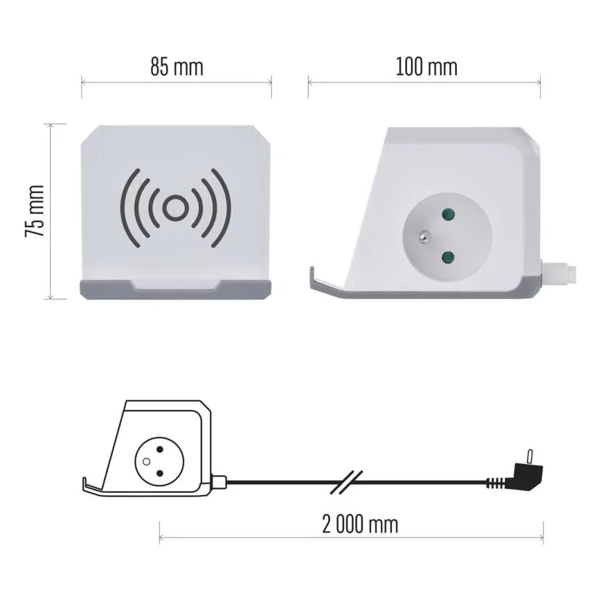 Jatkojohto kuutio langattomalla latauksella QI 2Z +2xUSB-A+1xUSB-C 2m valkoinen