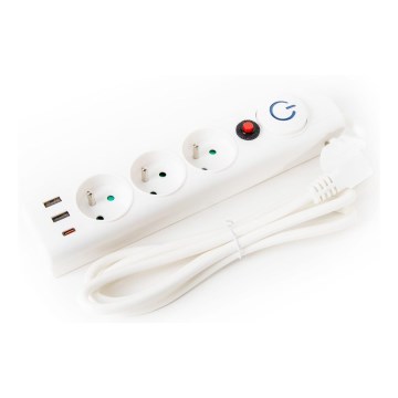 Jatkojohto kytkimellä 3Z Tyyppi E + 2xUSB-A + 1xUSB-C 1,5m