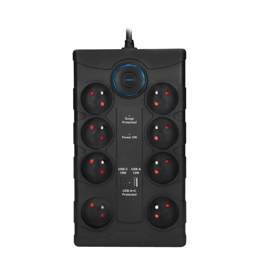Jatkojohto kytkimellä ja ylijännitesuojalla, 8 pistorasiaa (tyyppi E) + 1xUSB-A + 1xUSB-C, 2 m, musta