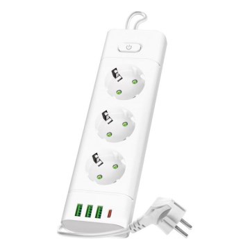 Jatkojohto kytkimellä LINEA PRO — 3×230 V Schuko-pistorasiaa, 3×USB-A ja 1×USB-C, 1,5 m, valkoinen