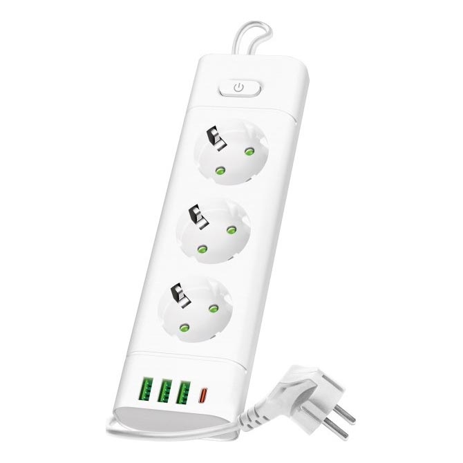 Jatkojohto kytkimellä LINEA PRO — 3×230 V Schuko-pistorasiaa, 3×USB-A ja 1×USB-C, 1,5 m, valkoinen